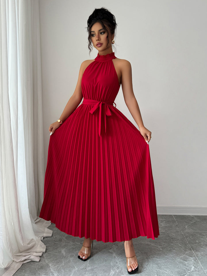 Red Halter Neck Pleated Textured Dress