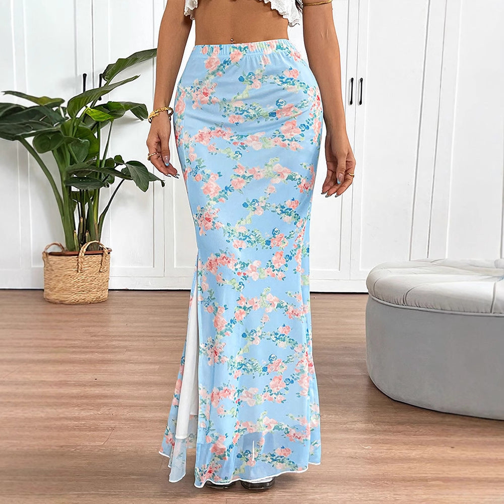 Blue Printed Mesh Fishtail Skirt
