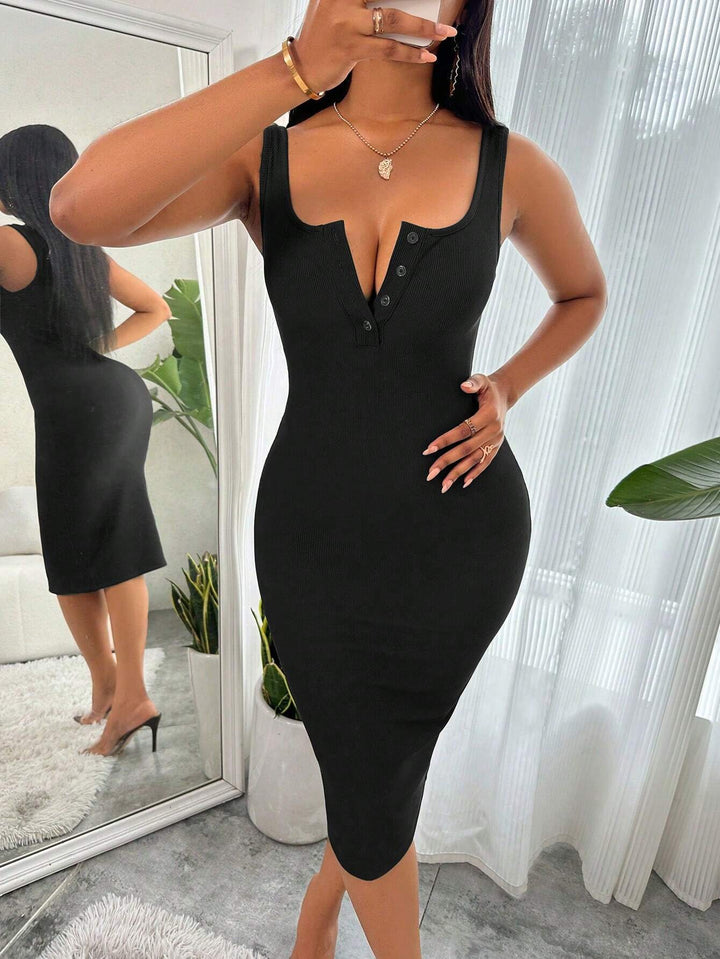 Black Shoulder Strap Front Button Dress