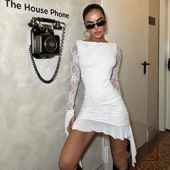 White Lace Mini Dress With Sleeves