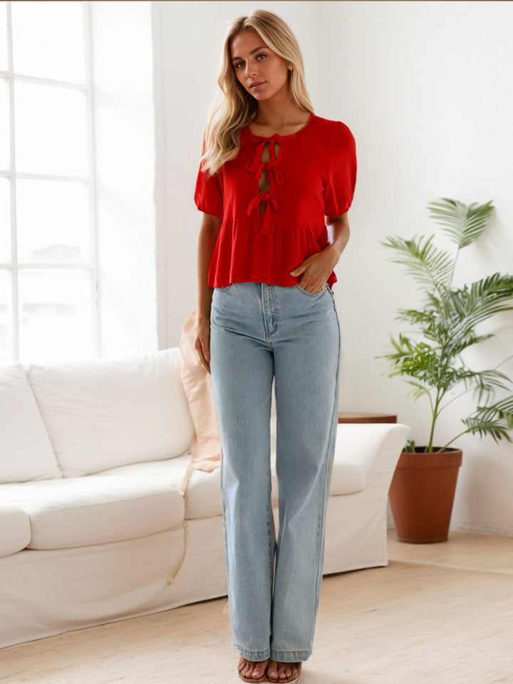 Red Front Bow Ruffle Top
