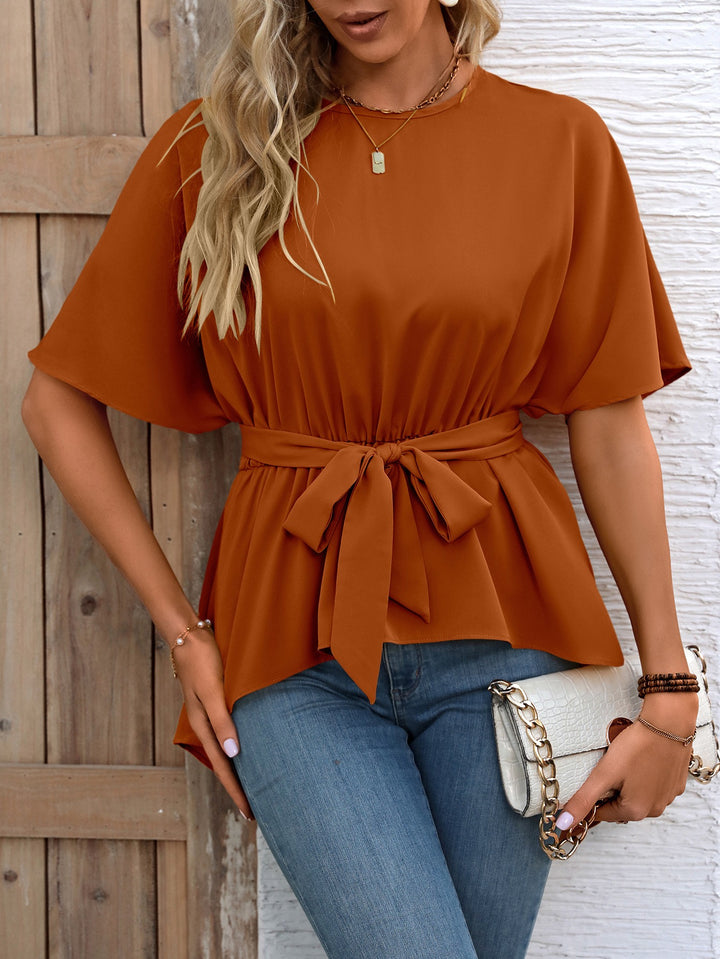 Orange Waist Cinched Asymmetrical Hem Top