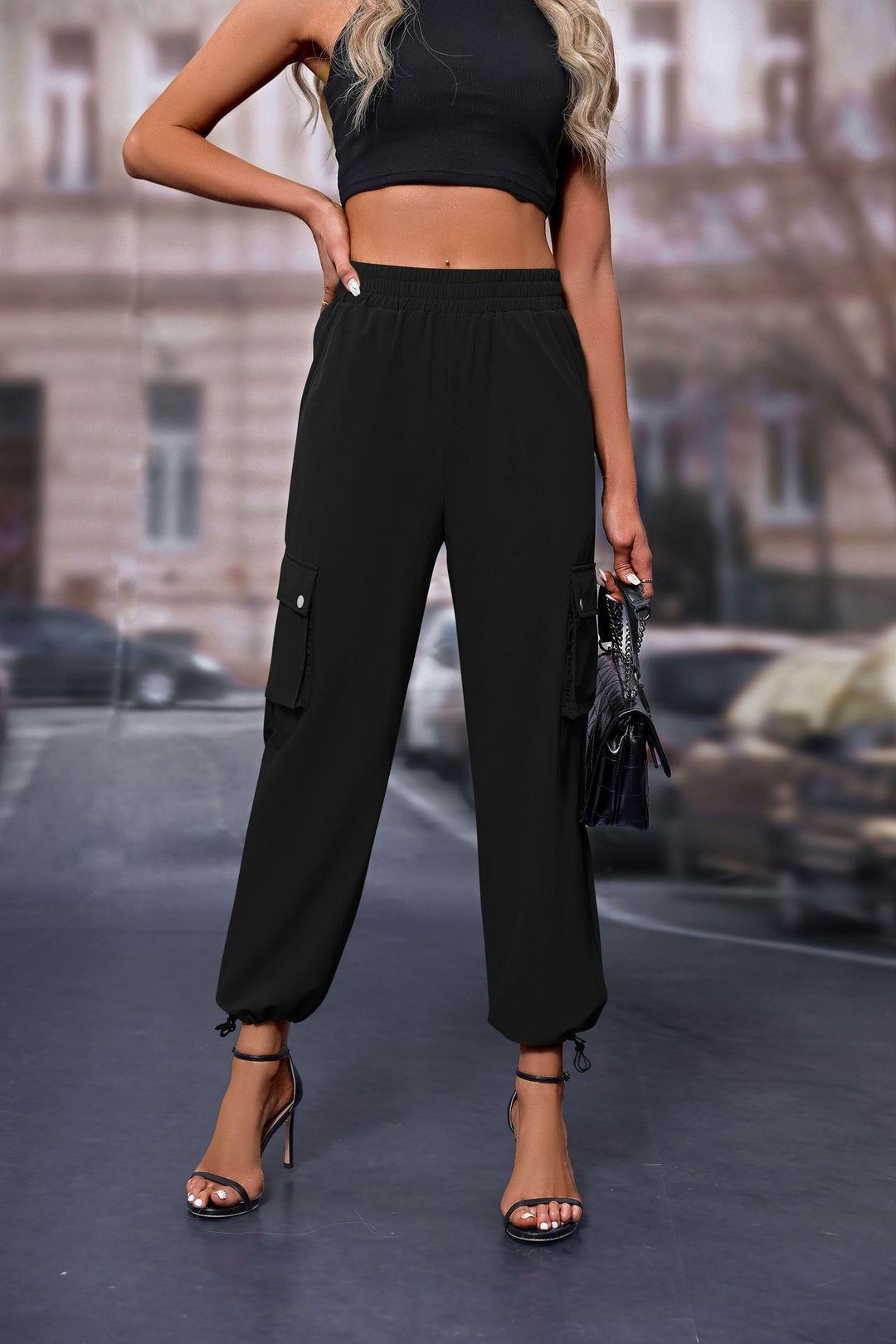 Black Elasticated Parachute Cargo Sweatpants