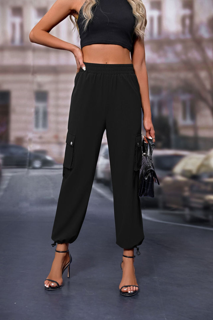 Black Elasticated Parachute Cargo Sweatpants