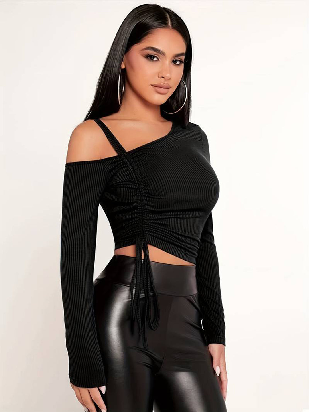 Black One Shoulder Ruched Top