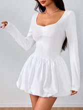 White Full Sleeve Balloon Hem Dress