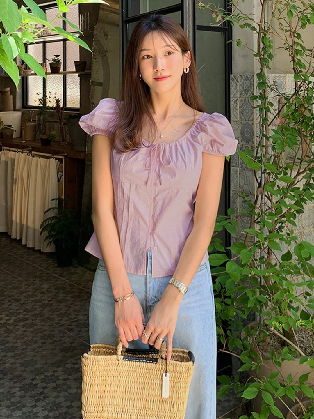 Lavender Puff Sleeve Front Tie Up Top