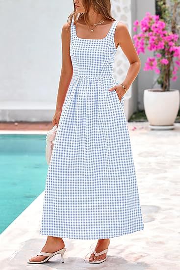 Light Blue Striped Square Neck Cinched Waist Dress