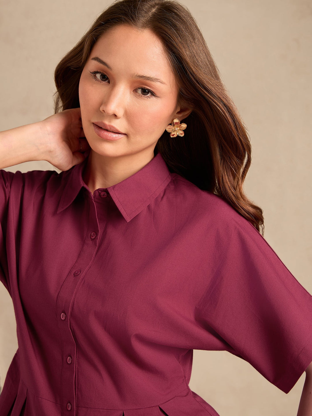 Wine Cinched Waist Utility Blouse