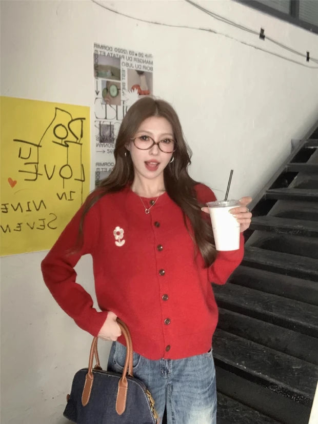 Red Full Sleeve Front Buttoned Cardigan