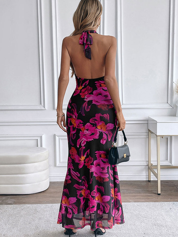 Pink Halter Neck Floral Print Slim Fit Dress
