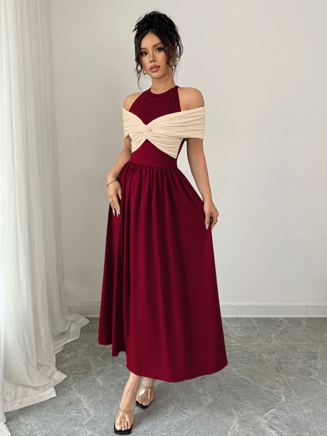 Maroon Twisted Contrast Off Shoulder Dress