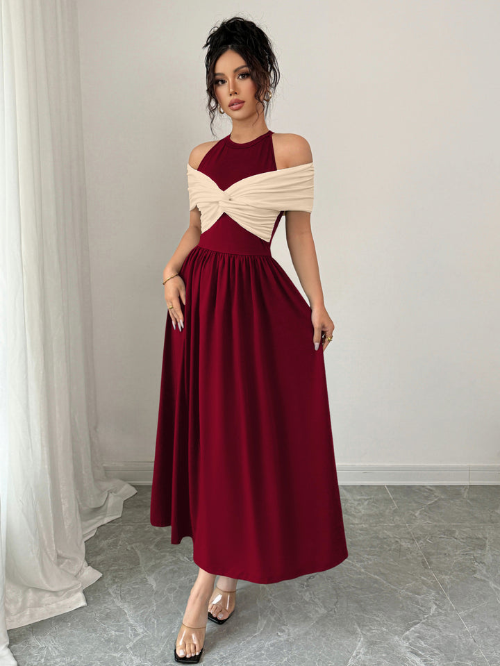 Maroon Twisted Contrast Off Shoulder Dress