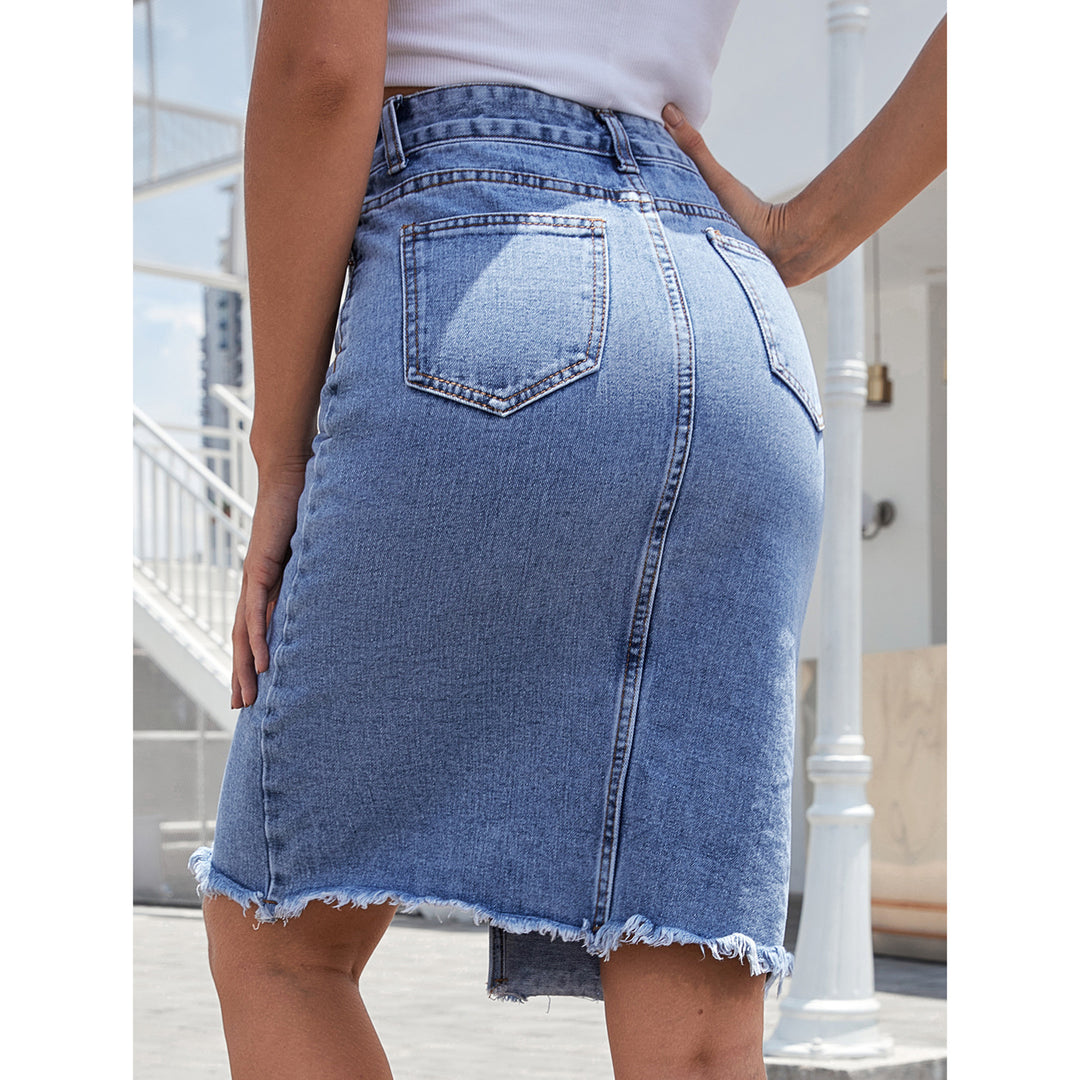 Blue Knee Denim Skirt With Slit