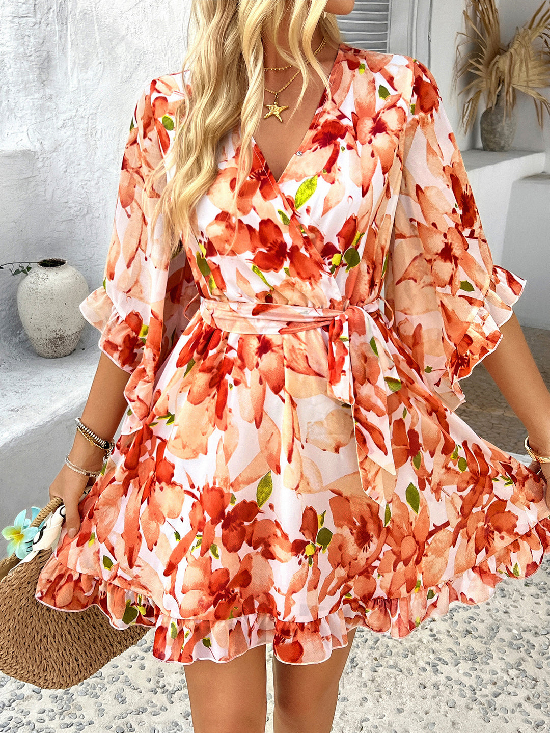 Orange V-Neck Bell Sleeves Mini Dress