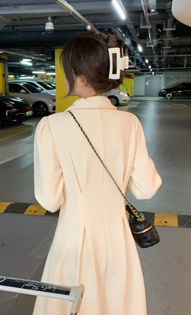 Cream A-Line Dress With Front Zipper Detail
