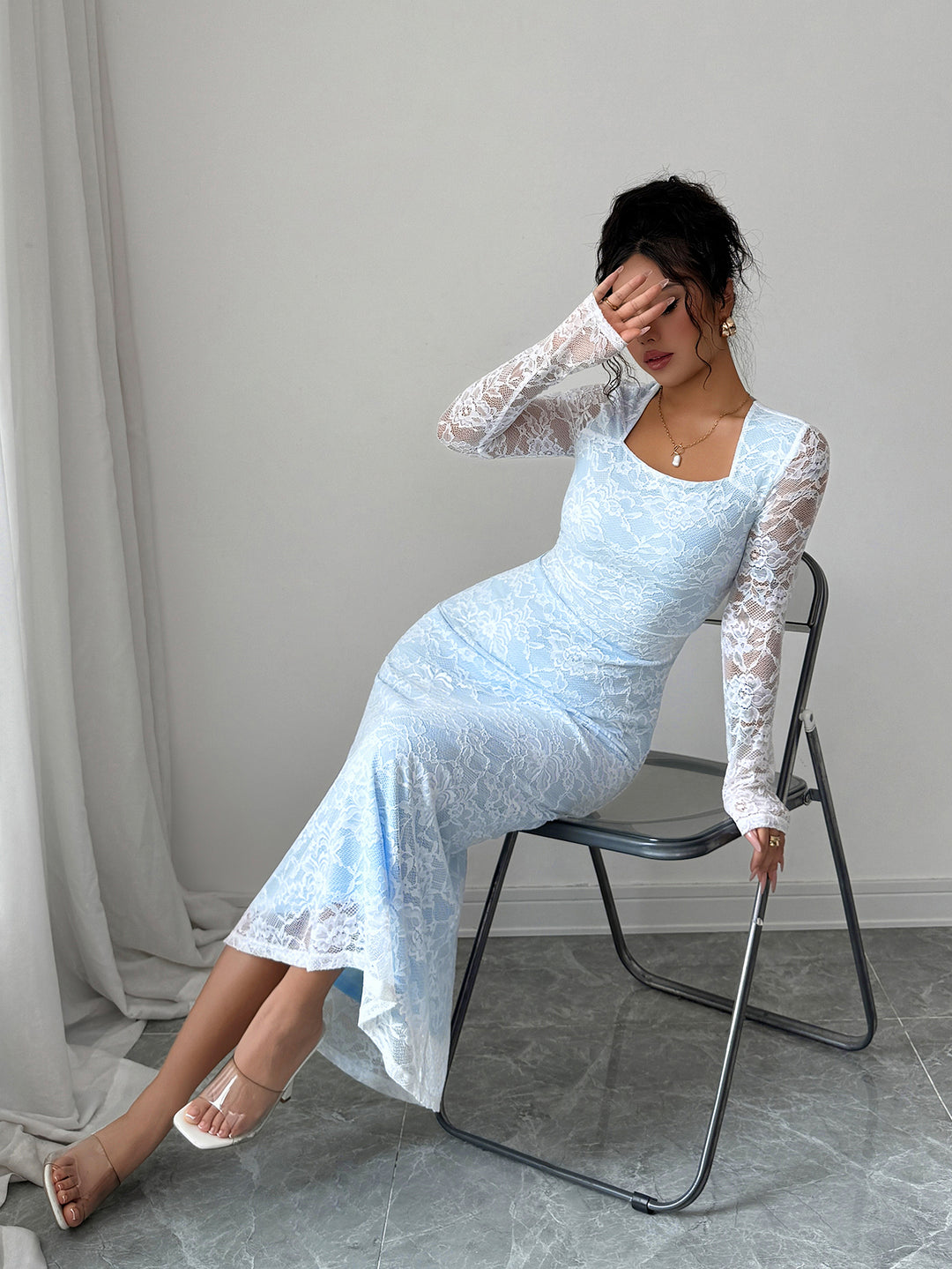 Blue Full Sleeve Square Neck Lace Dress