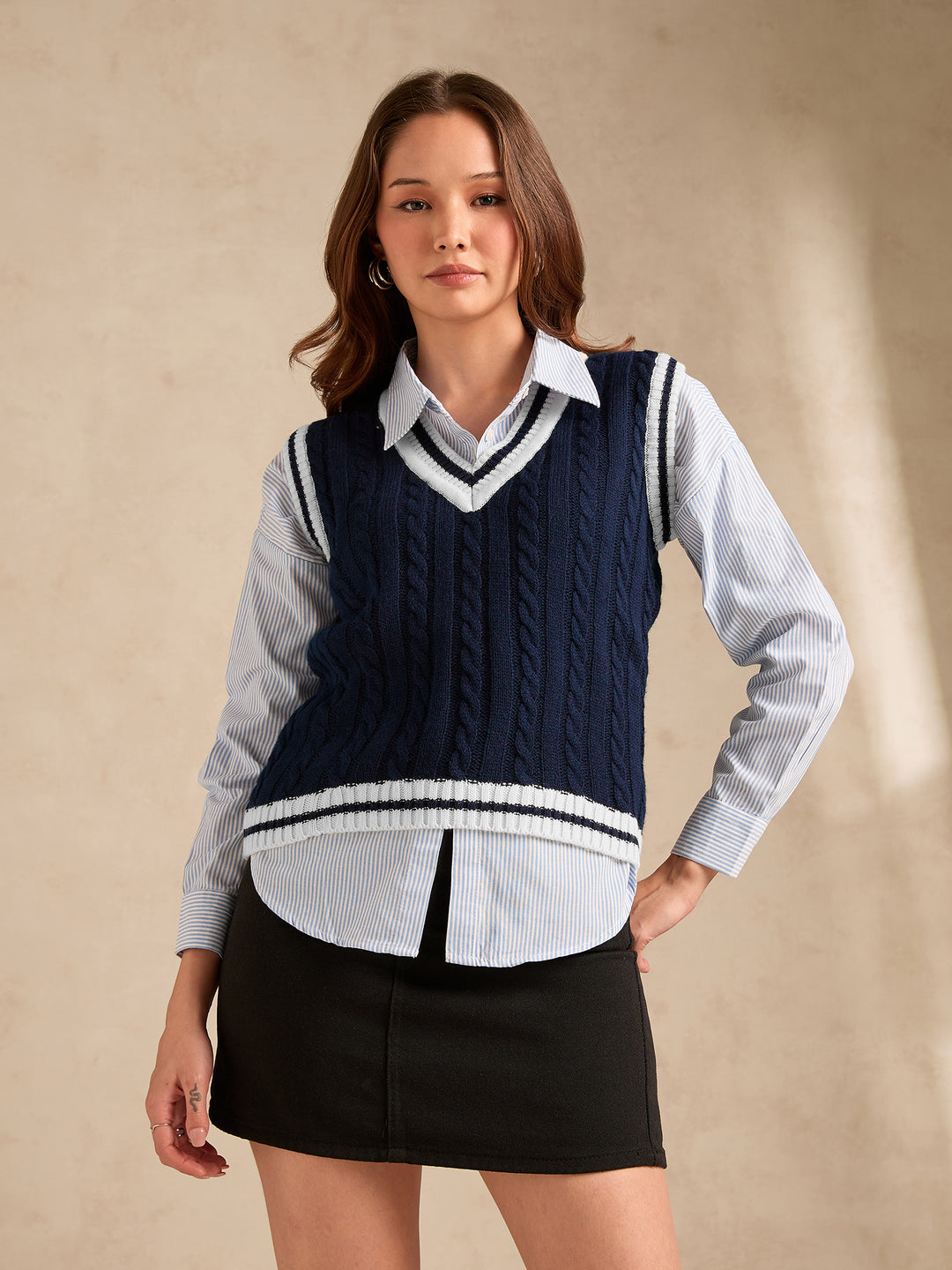Navy Blue Varsity Contrast Tipping Sweater