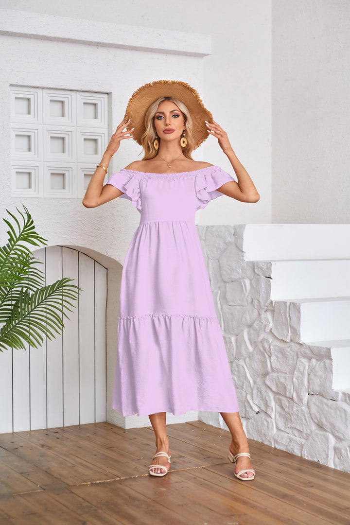 Purple Solid Flutter Sleeved Empire Waist Smocked Dress