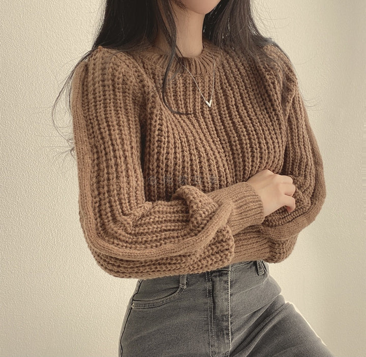 Brown Puff Sleeve High Neck Plain Chunky Sweater