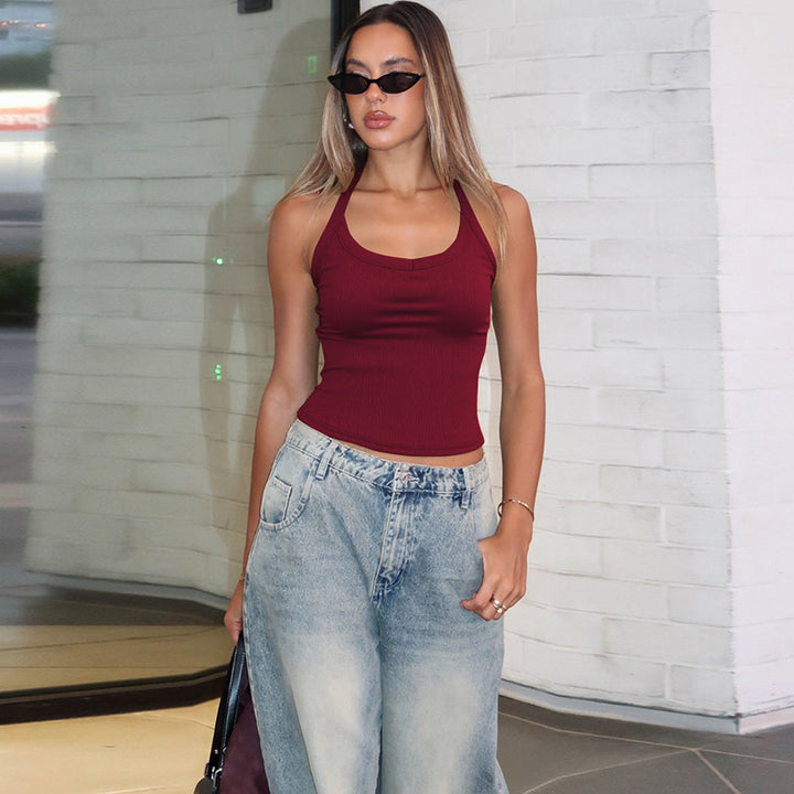 Burgundy Halter Neck Ribbed Tank Top