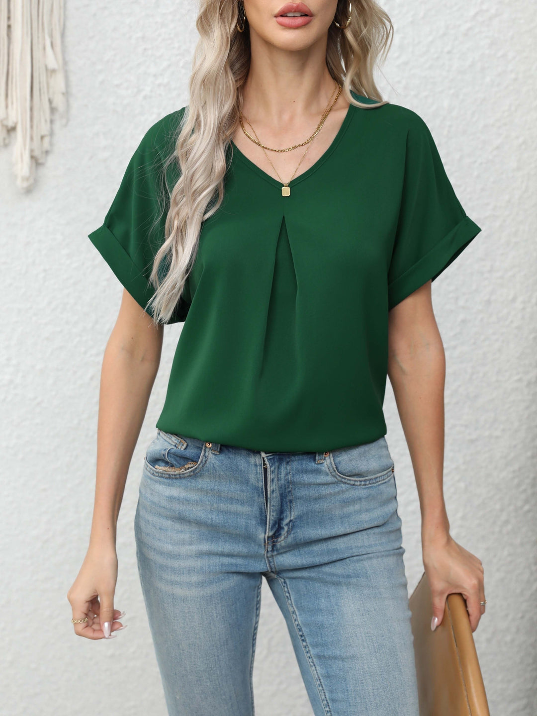 Green Folded Sleeves Relaxed Blouse