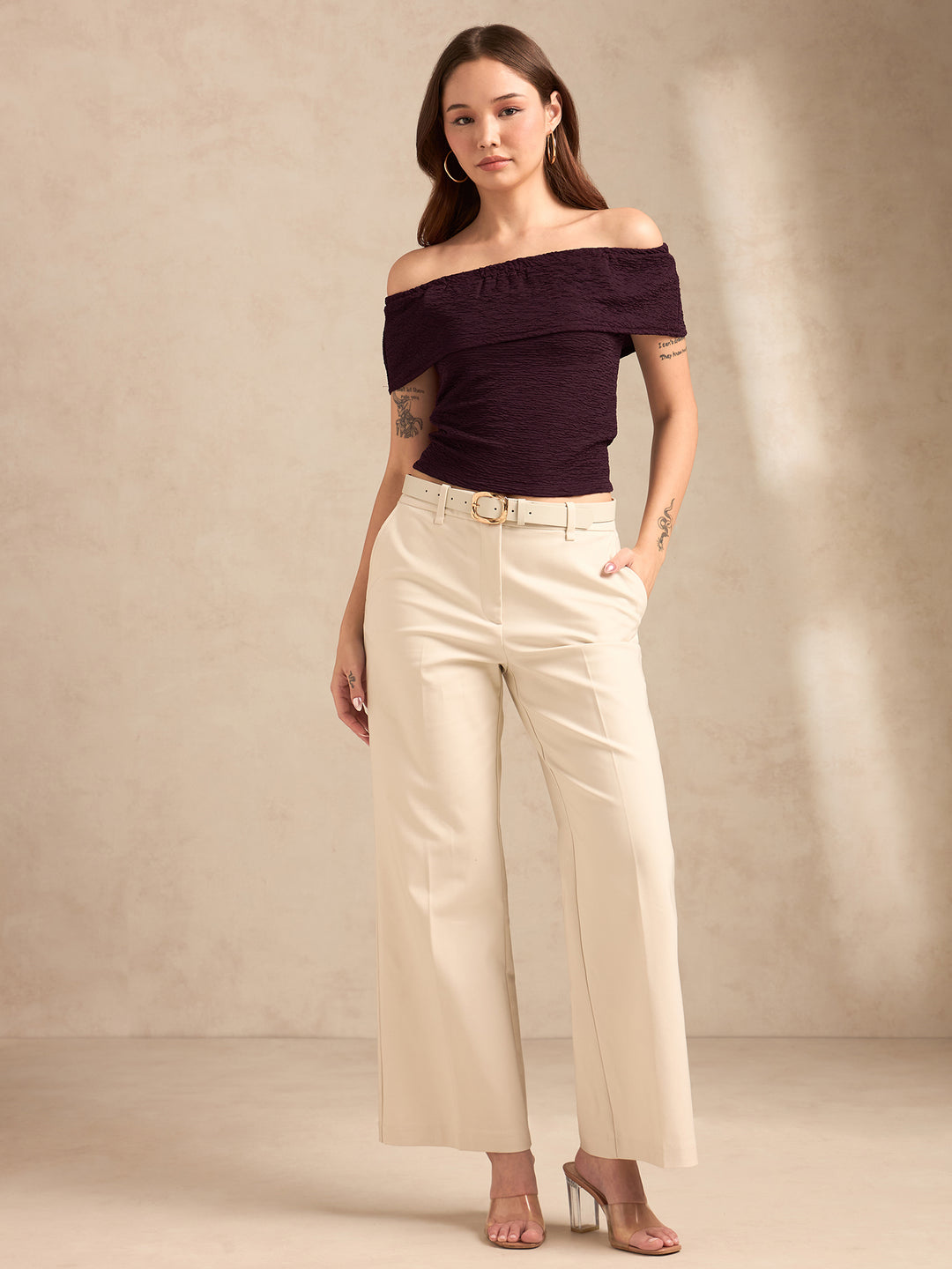 Wine Textured Off-Shoulder Rop
