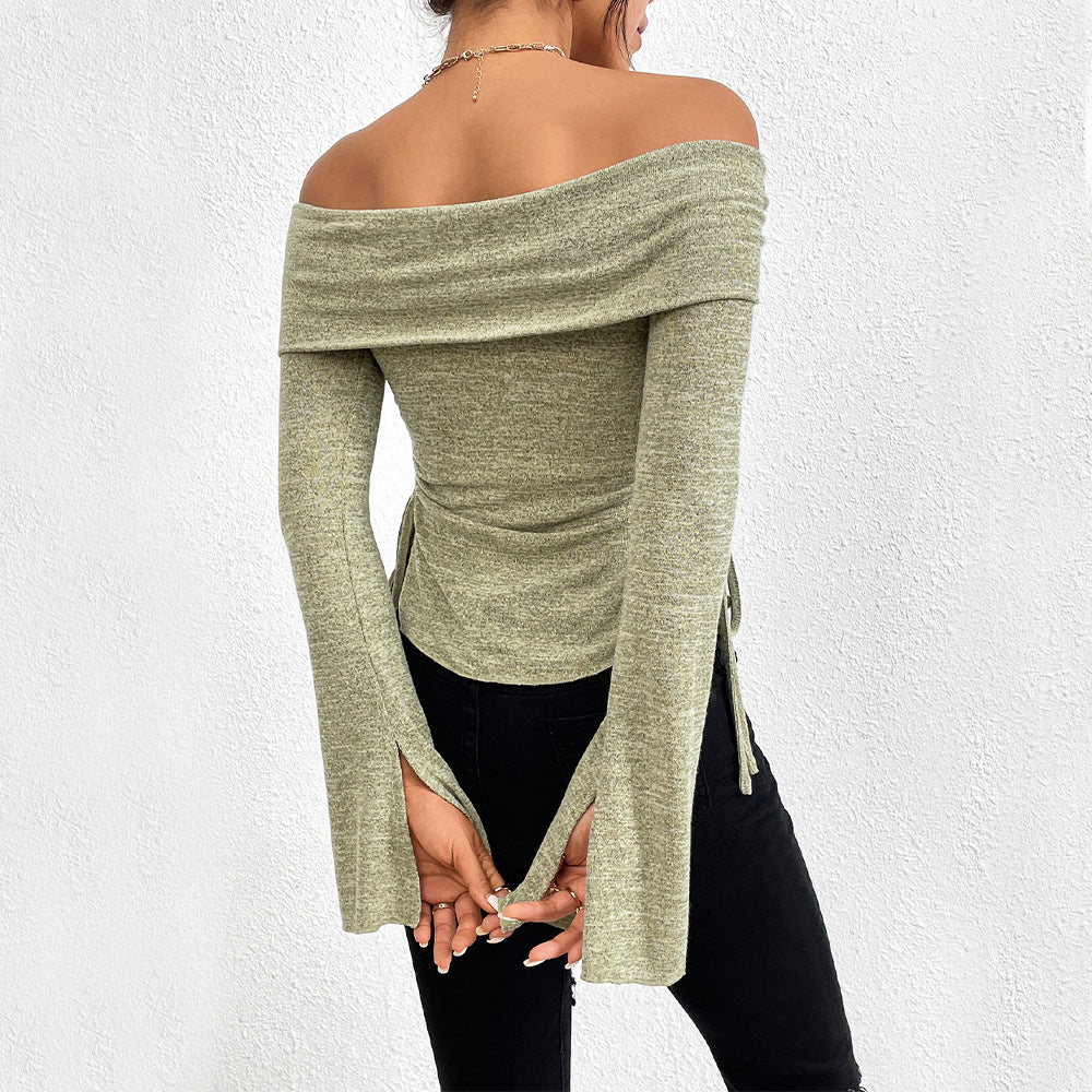 Green Off-Shoulder V Notch Hem Top