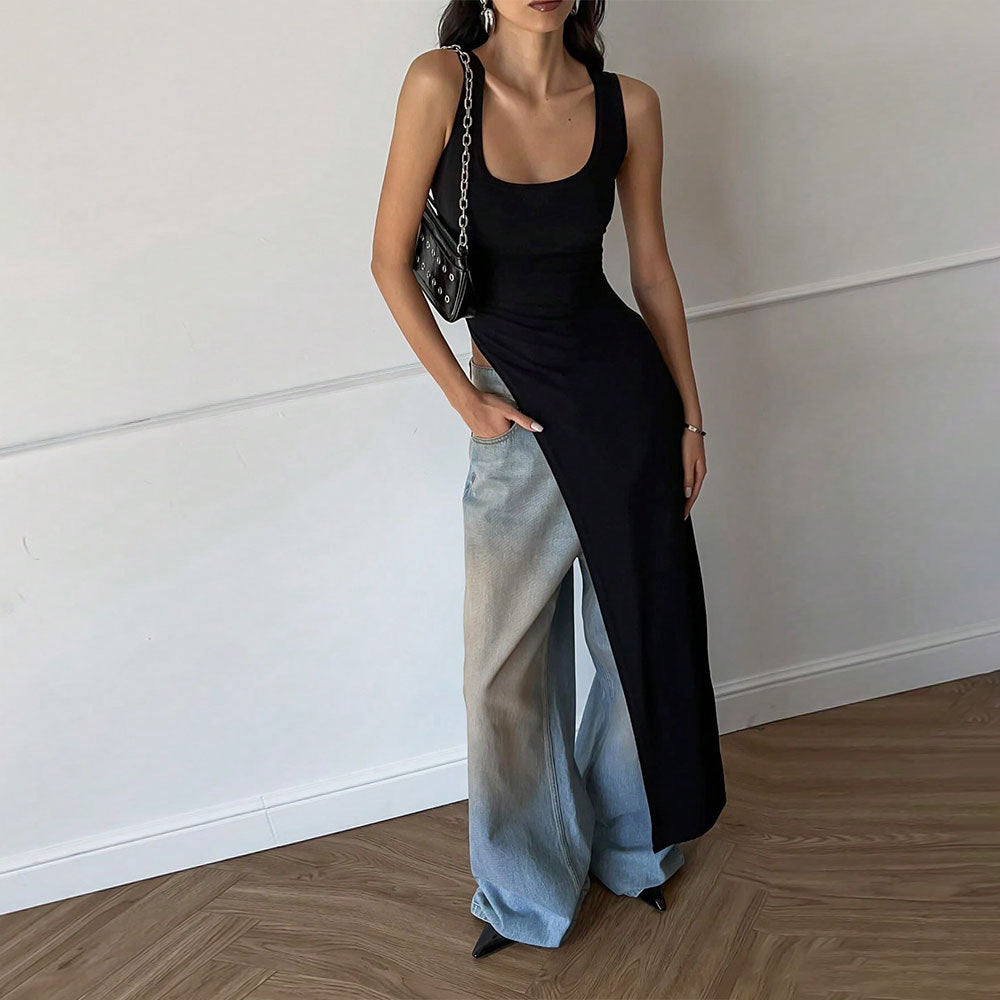 Black Sleeveless U- Neck Asymmetrical Top