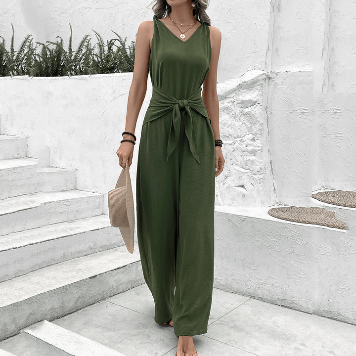 Olive Sleeveless Jumpsuit With Front Tie Up