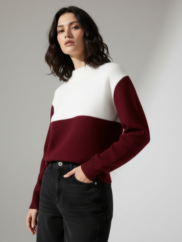 Maroon Full Sleeve Mock Neck Colour Block Sweater
