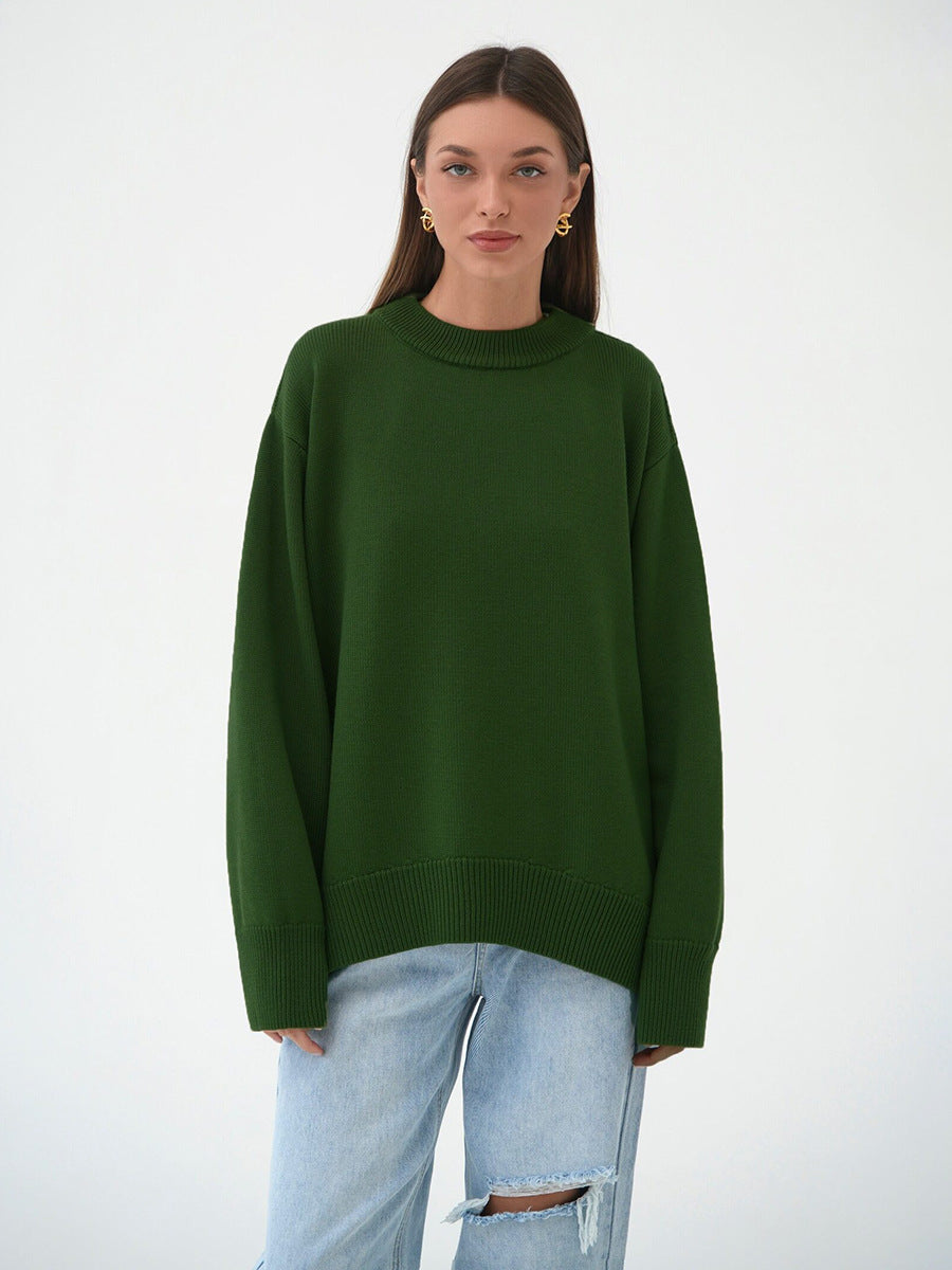 Green Relaxed High Neck Solid Sweater