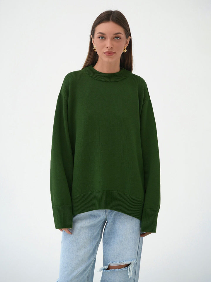 Green Relaxed High Neck Solid Sweater