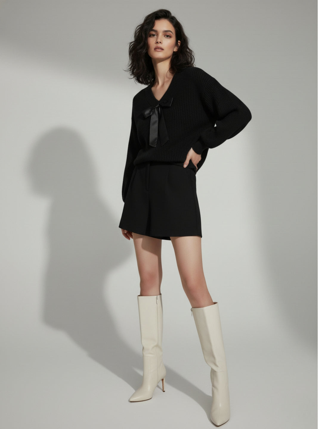 Black Full Sleeve V Neck Front Bow Sweater