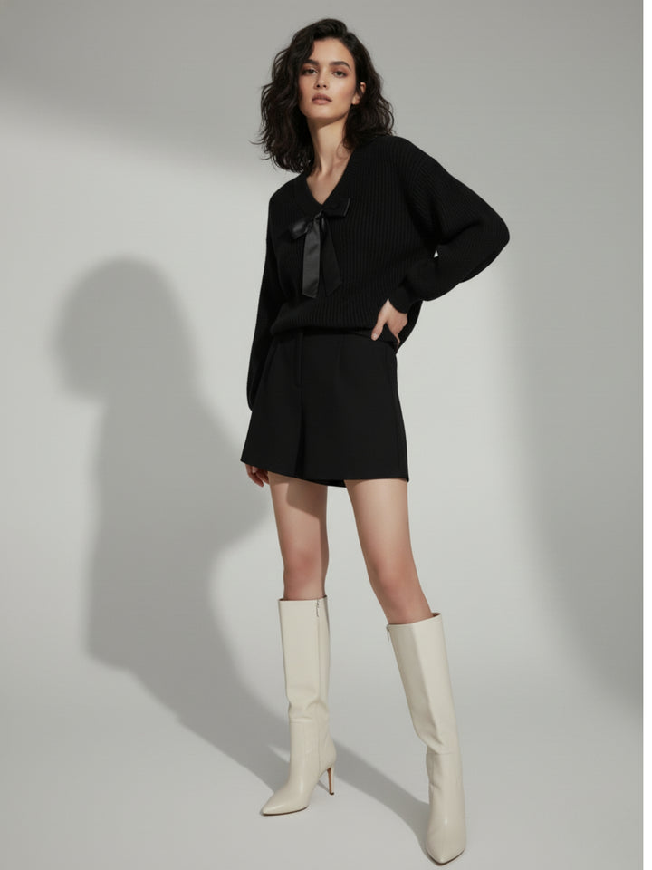 Black Full Sleeve V Neck Front Bow Sweater