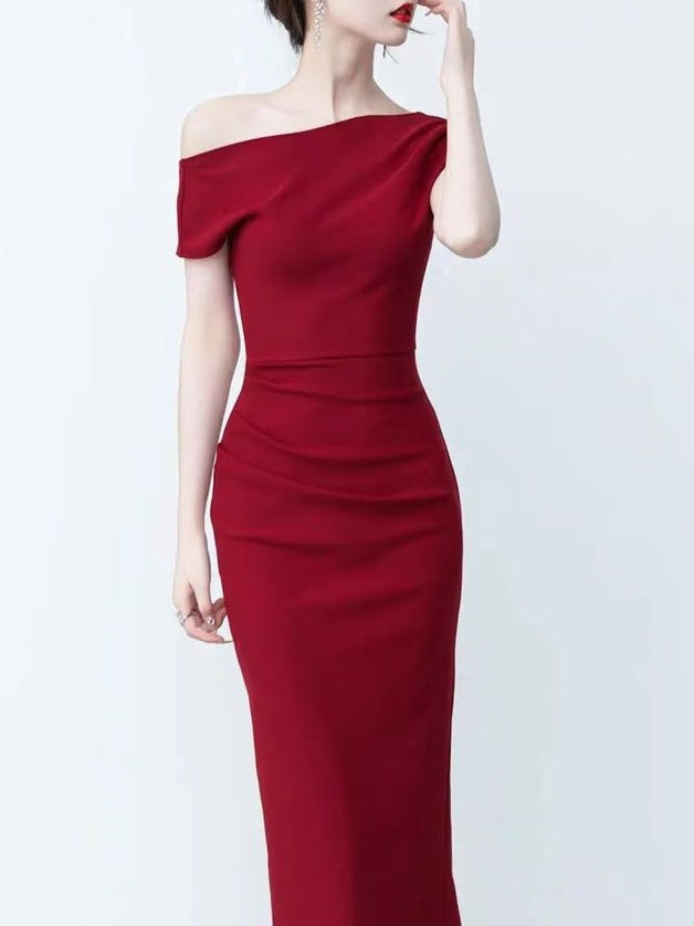 Red One Shoulder Side Ruched Maxi