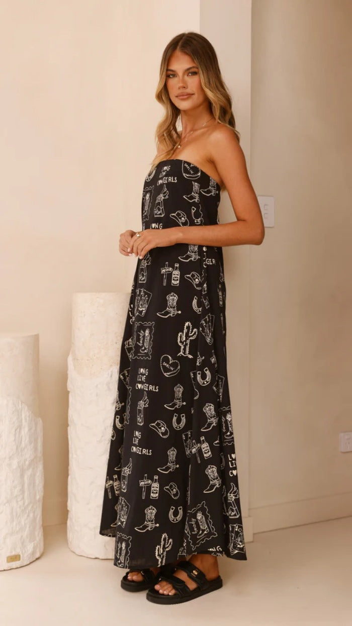 Black Strapless Floral Printed Dress