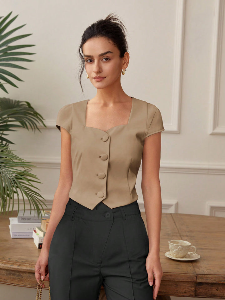 Beige Front Button  Top