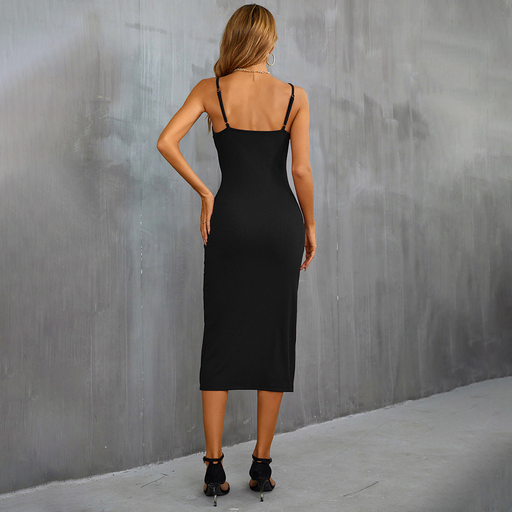 Black Shoulder Strap Front Slit Dress