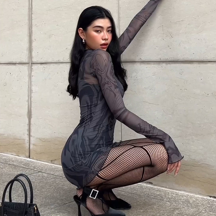 Black Printed Mesh Full Sleeves Mini Dress