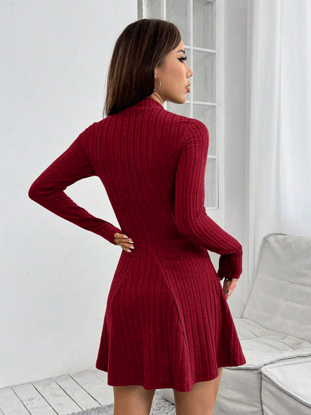 Burgundy High Neck Wide Spaced Rib Dress