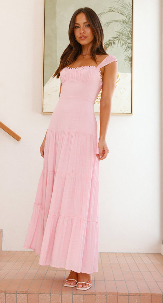 Pink Strappy Solid Tiered Dress