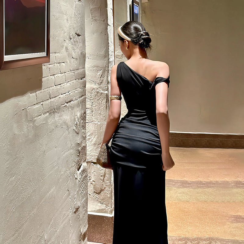 Black Off-Shoulder Side Slit Dress