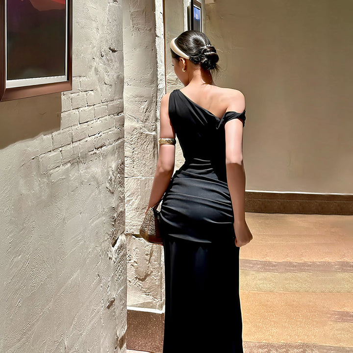 Black Off-Shoulder Side Slit Dress