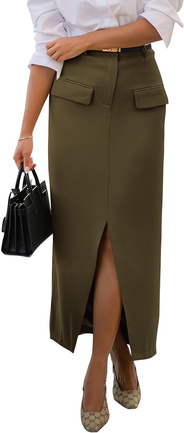 Olive Front Pocket With Pocket Midi Skirt