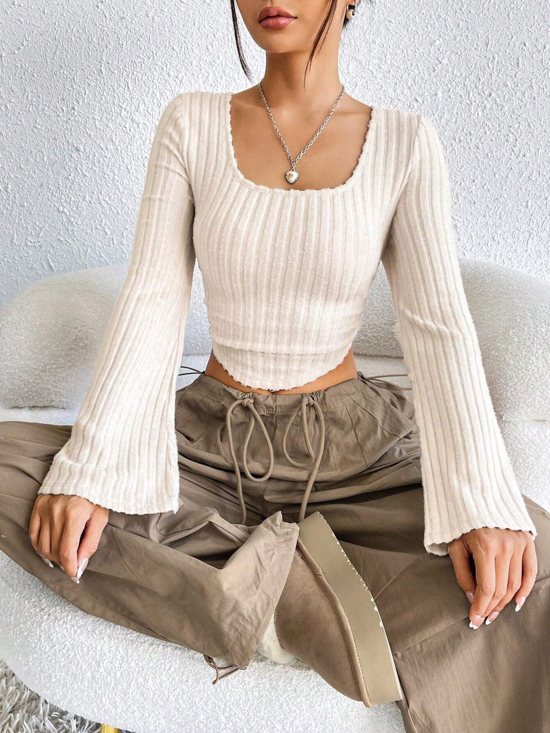 Cream Bell Sleeve Round Neck Top