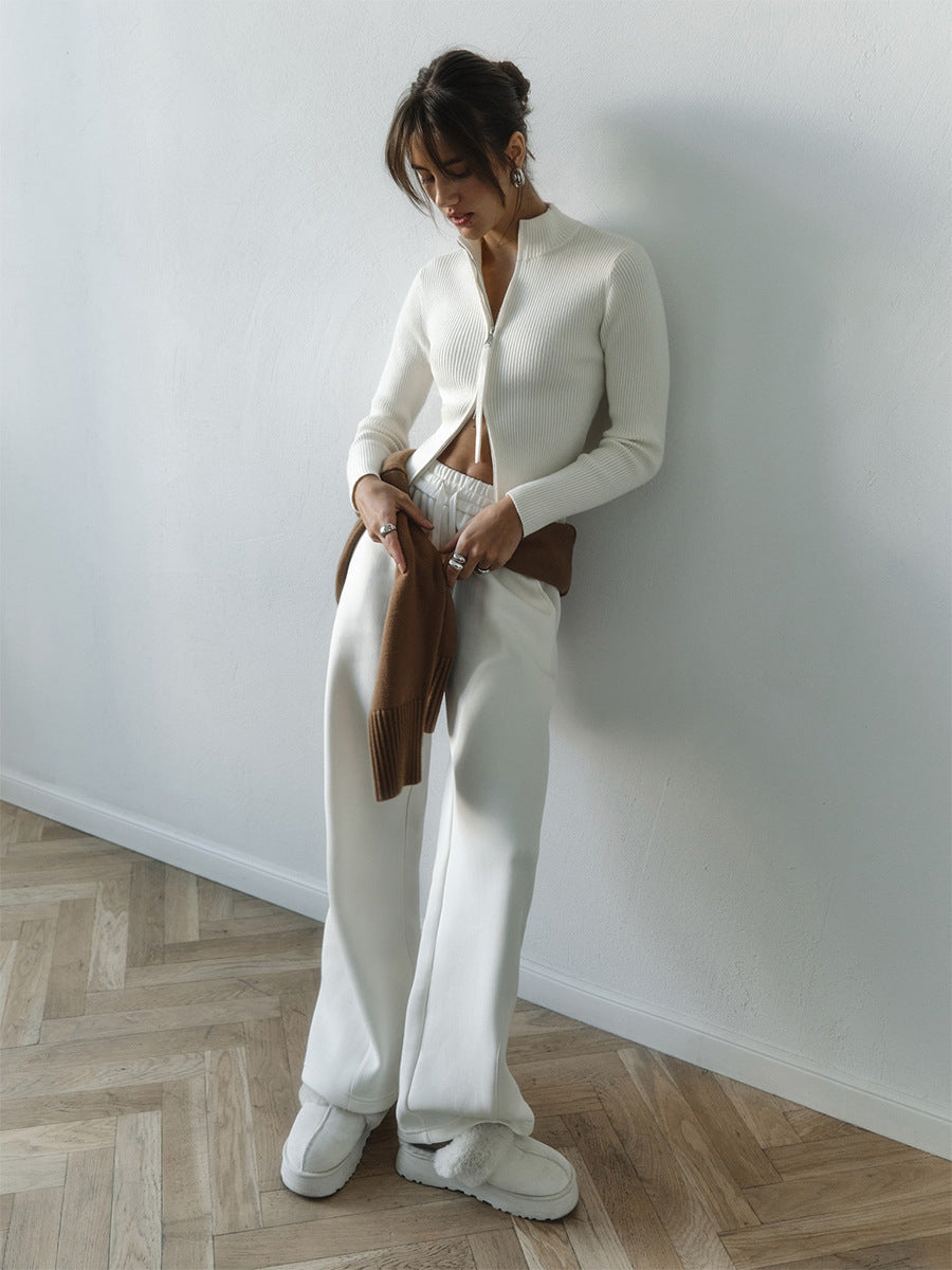 White Dual Zipper Solid Sweater