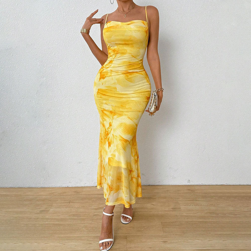 Yellow Printed Shoulder Strap Dress