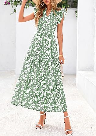 Green Printed Flutter Sleeved Midi Dress