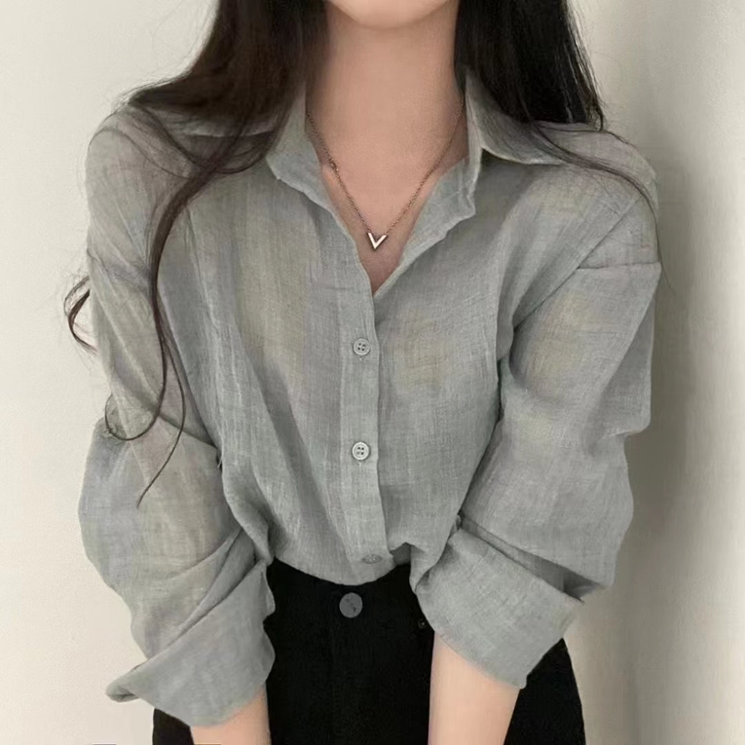 Grey Textured Solid Sheer Shirt
